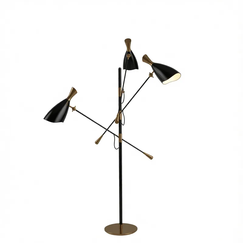 Элегантная современная напольная лампа с несколькими плафонами в черно-латунном исполнении, 3D-модель для визуализации интерьеров в SketchUp с совместимостью D5 Render