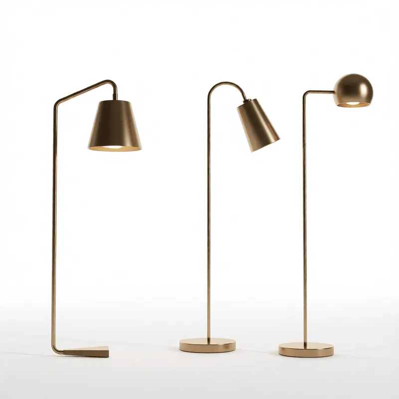 インテリアデザインおよび建築ビジュアライゼーションプロジェクト向け、アーム調整機能と温かみのある照明を備えた現代的なブラス製フロアランプ222の3Dモデル