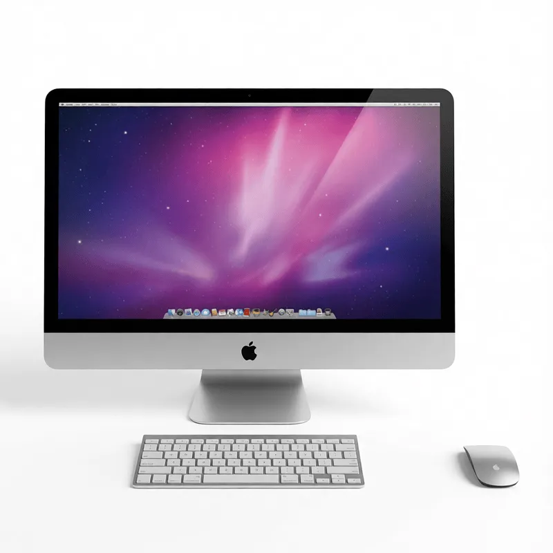 Реалистичная 3D-модель Apple iMac с серебристой клавиатурой и мышью, оптимизированная для проектов архитектурной визуализации и дизайна интерьера в SketchUp.