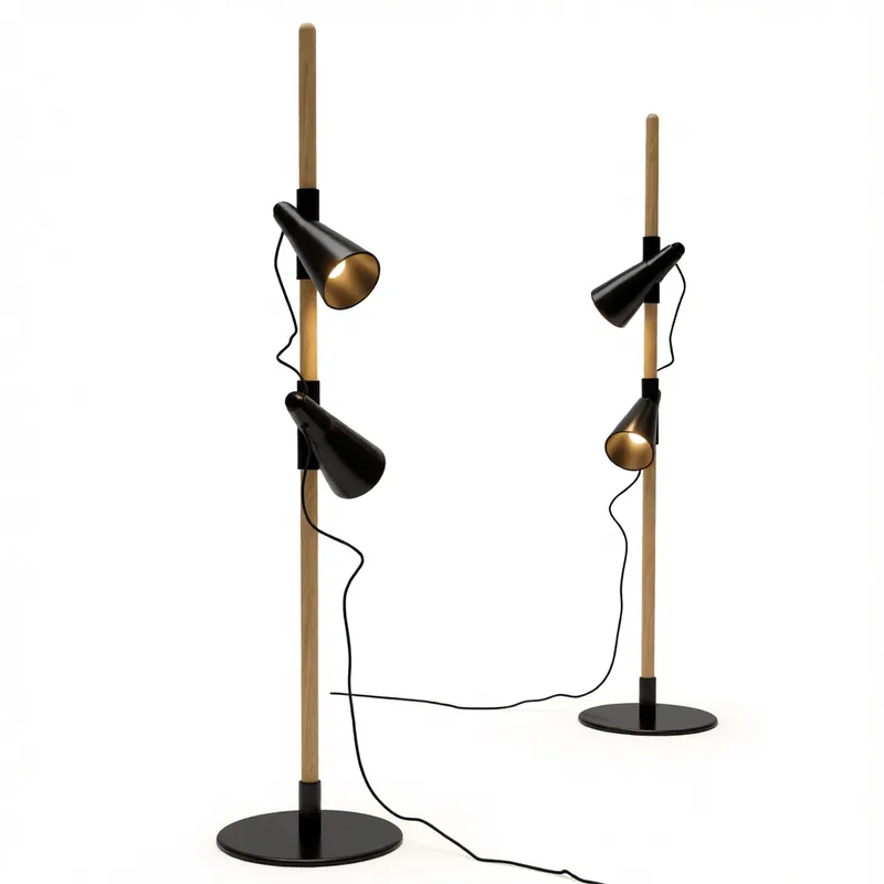 スケッチアップ向けインテリアデザインビジュアライゼーションのための、洗練されたモダンフロアランプ（デュアルブラックコーン＆木製ポール仕様）