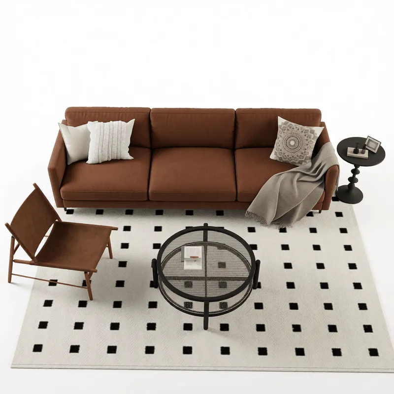 SketchUp建築ビジュアライゼーションプロジェクト向け、テクスチャー加工されたクッションと幾何学模様のラグを備えたモダンなブラウンレザーソファセット