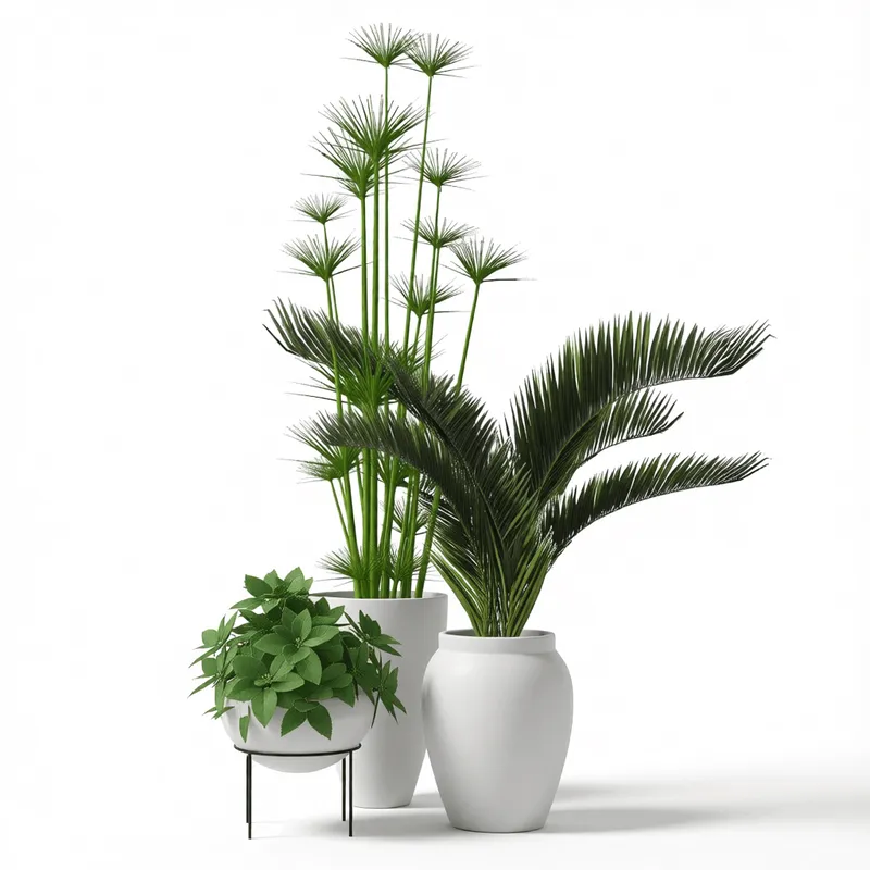 D5RenderおよびEnscape用SketchUpインテリアデザインビジュアライゼーション向け、熱帯植物を配したモダンな白陶器プランター3Dモデル