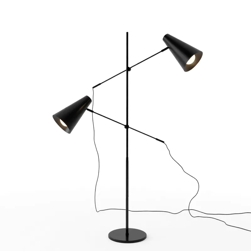 洗練されたブラックのデュアルアームフロアランプ3Dモデル。調整可能なアームとリアルな照明効果を備え、SketchUp建築ビジュアライゼーションプロジェクトに最適です。