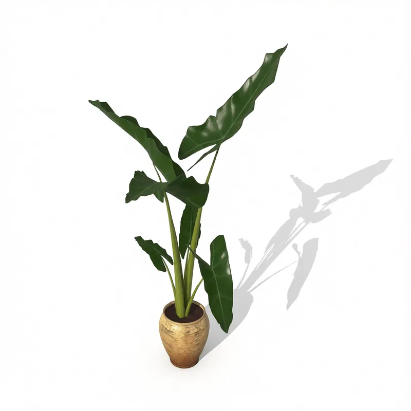 Реалистичная 3D-модель тропического растения в керамическом горшке с фактурной поверхностью, с крупными глянцевыми листьями, для проектов интерьерного дизайна в SketchUp