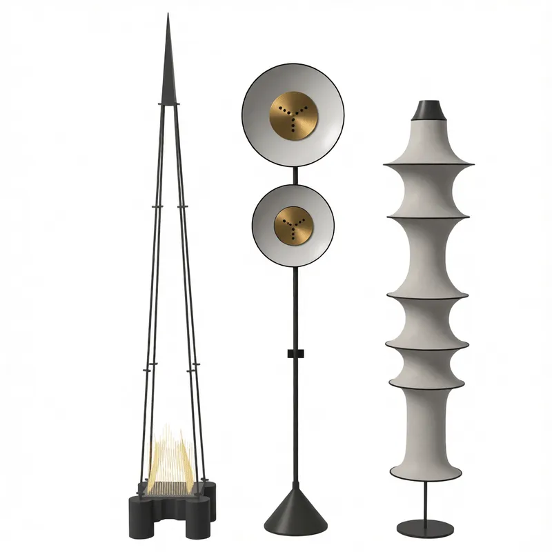 幾何学的構造とメタリック仕上げを特徴とする洗練されたモダンフロアランプの3Dモデル。SketchUpインテリアビジュアライゼーションプロジェクト向け。