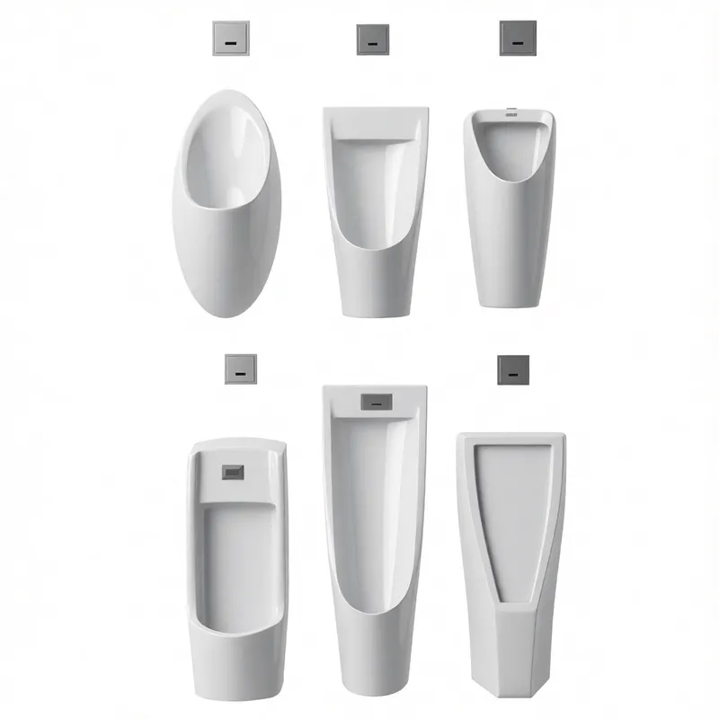 Professional collection of six white ceramic urinal 3D models with varied modern silhouettes for commercial restroom visualization in SketchUp