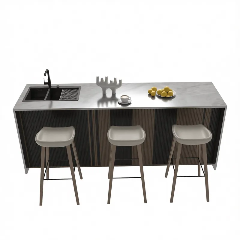 Modern kitchen island 3D model with marble countertop and bar stools for architectural visualization in SketchUp