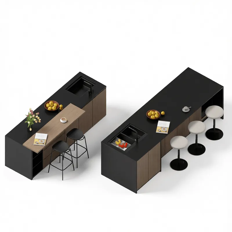 3D-модель современного кухонного острова со столешницей матового черного цвета, шкафами из шпона дерева и встроенной посадочной зоной для визуализации архитектурных интерьеров.