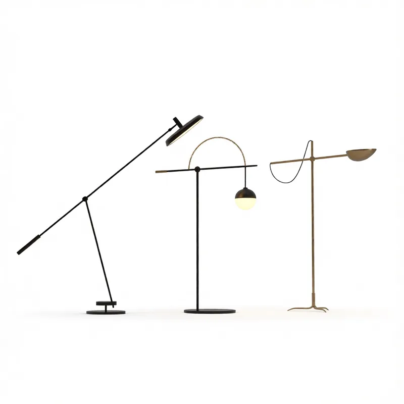 Modern floor lamp 3D model trio with adjustable arms, minimalist design, and realistic lighting for interior visualizations