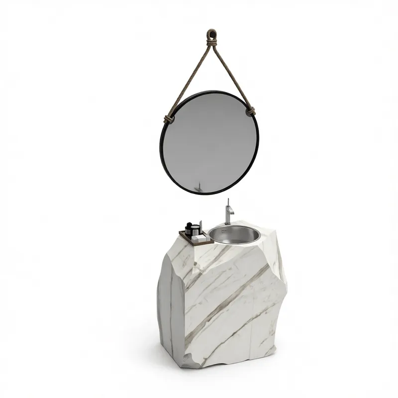 Organisches Naturstein-Badezimmerwaschbecken mit Marmortextur und runden Spiegel für SketchUp-Innenarchitekturprojekte