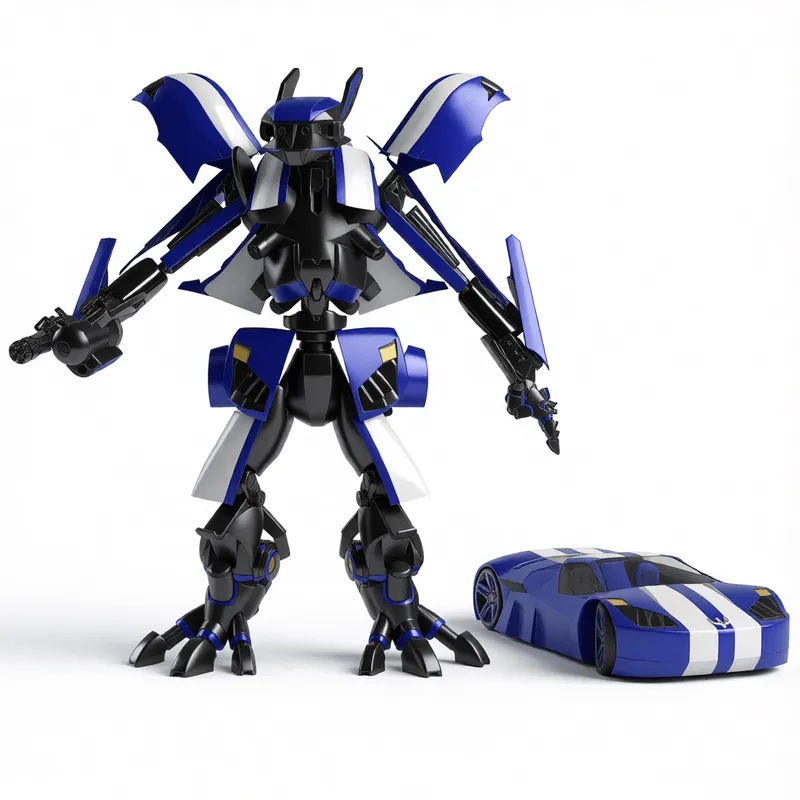 Highly detailed Transformers Robot 018 3D model with blue and black armor, dual-mode transformation capability, and photorealistic textures for SketchUp visualization