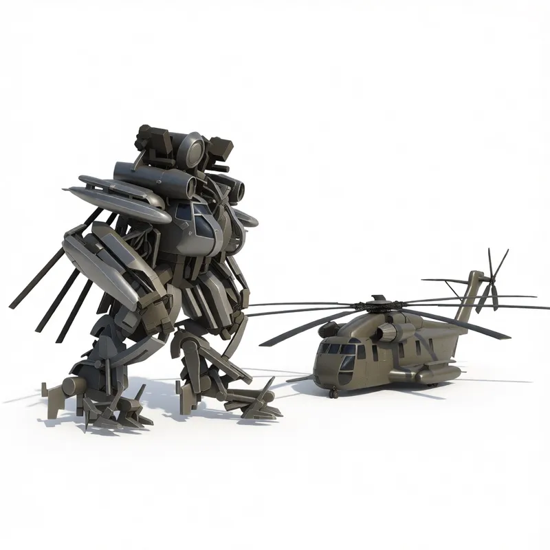 Detailed 3D render of Transformers Robot-020 with articulated joints and helicopter companion, optimized for SketchUp architectural visualization projects