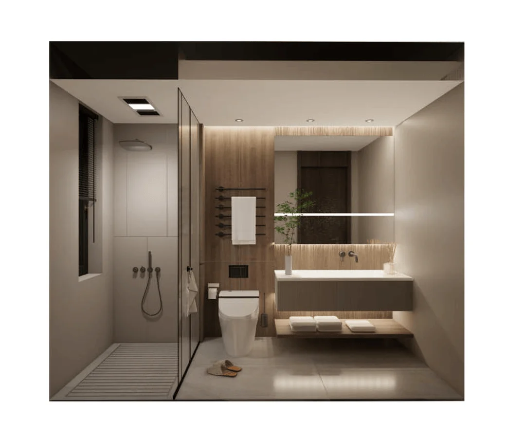 3D render of a modern bathroom design featuring a walk-in shower with glass partition, wall-mounted toilet, floating vanity, and decorative plant for interior visualization