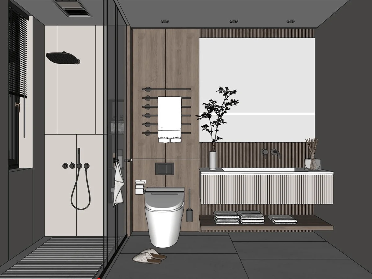 3D render of a modern bathroom design featuring a walk-in shower with glass partition, wall-mounted toilet, floating vanity, and decorative plant for interior visualization