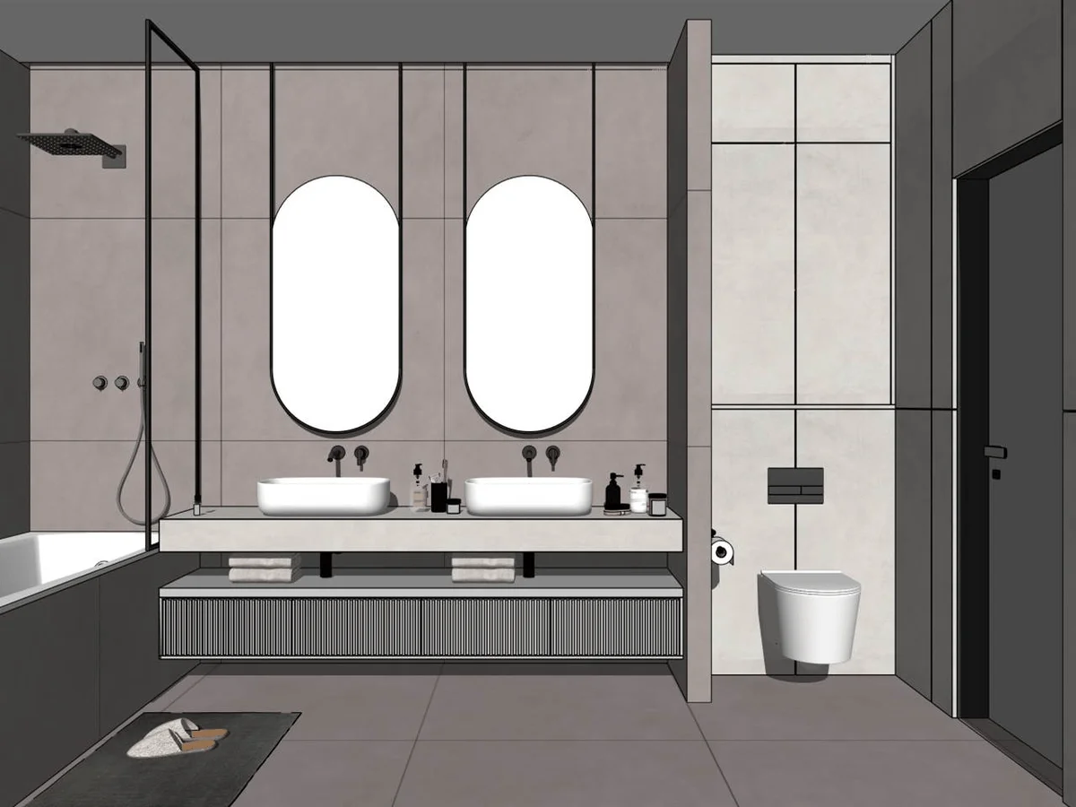 High-quality 3D render of a modern minimalist bathroom design with twin oval mirrors, double vessel sinks, seamless glass shower, and neutral large-format tile walls