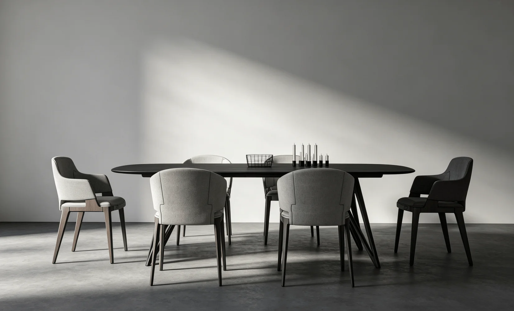 Realistic 3D render of a modern gray dining table and chair set for SketchUp, ideal for architectural visualization, interior design, and animation projects