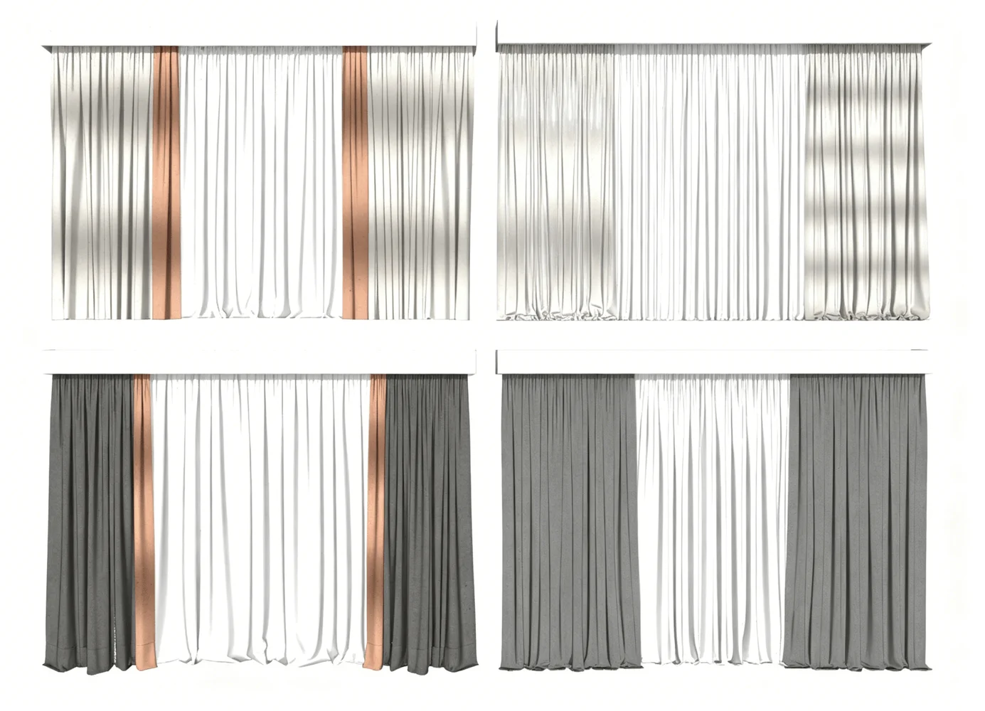 Modern curtain SketchUp model for interior design with four styles including white, grey, and copper accents, rendered in high detail for architectural visualization