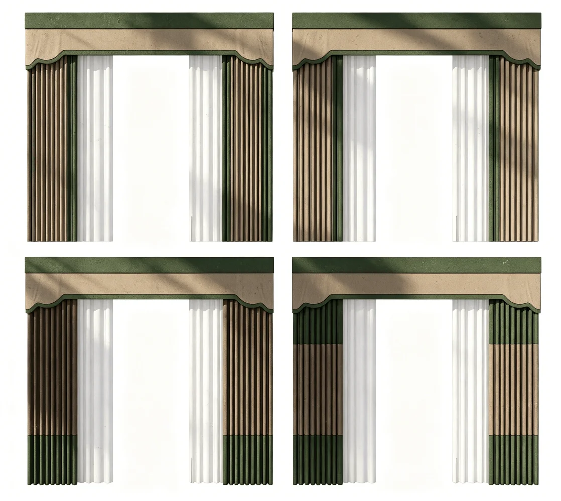 Realistic SketchUp curtain model with elegant valance and pleated drapes in brown green and white, ideal for interior design visualization and architectural rendering