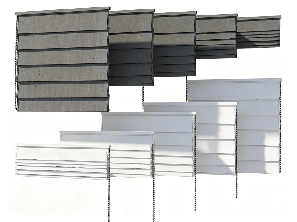 Realistic folding Roman blinds 3D model in gray and white colors with chain pull mechanism, perfect for SketchUp architectural visualization and interior rendering