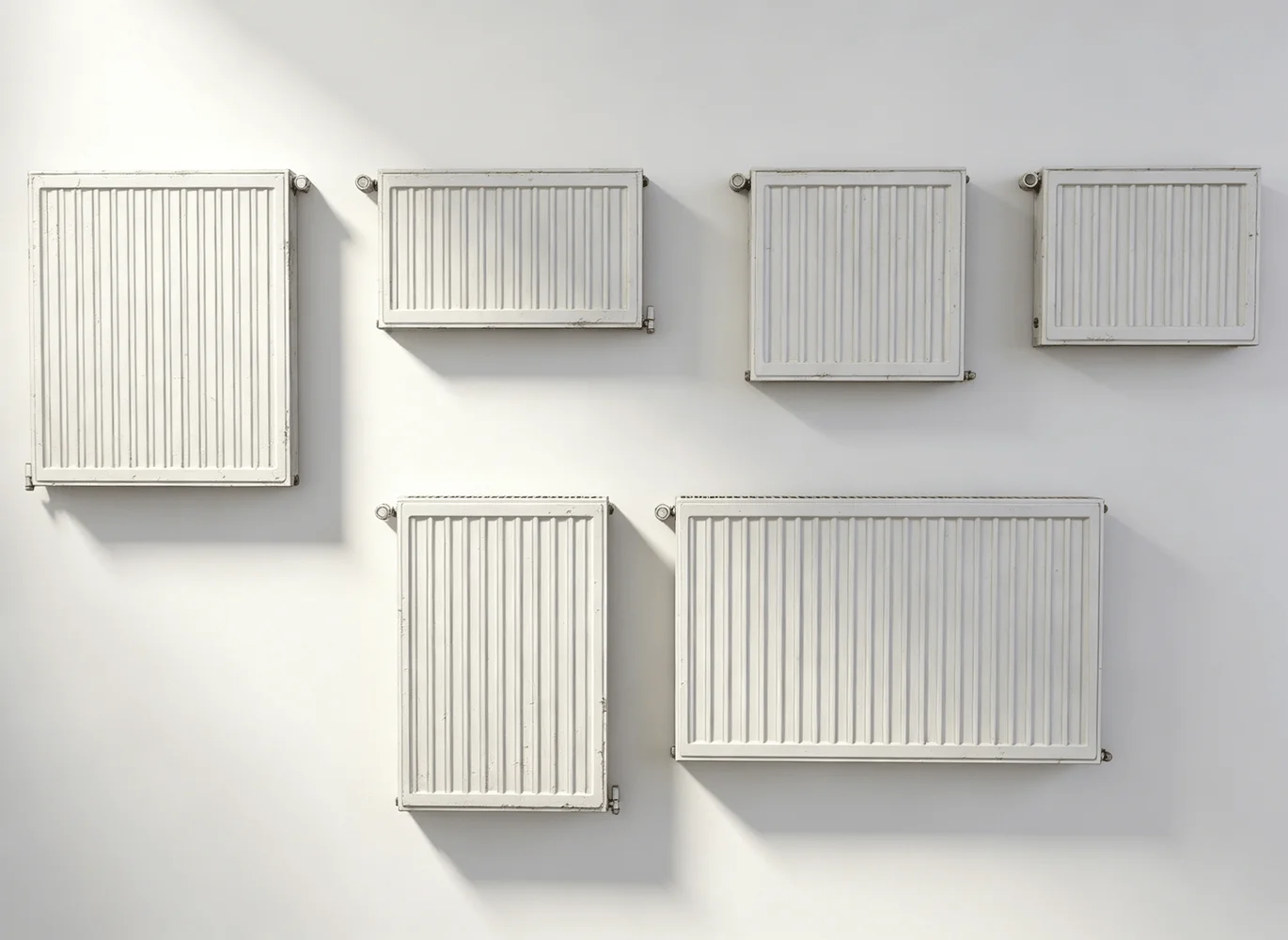 Six white wall-mounted radiator SketchUp models arranged on a white wall, ideal for interior design and architectural visualization