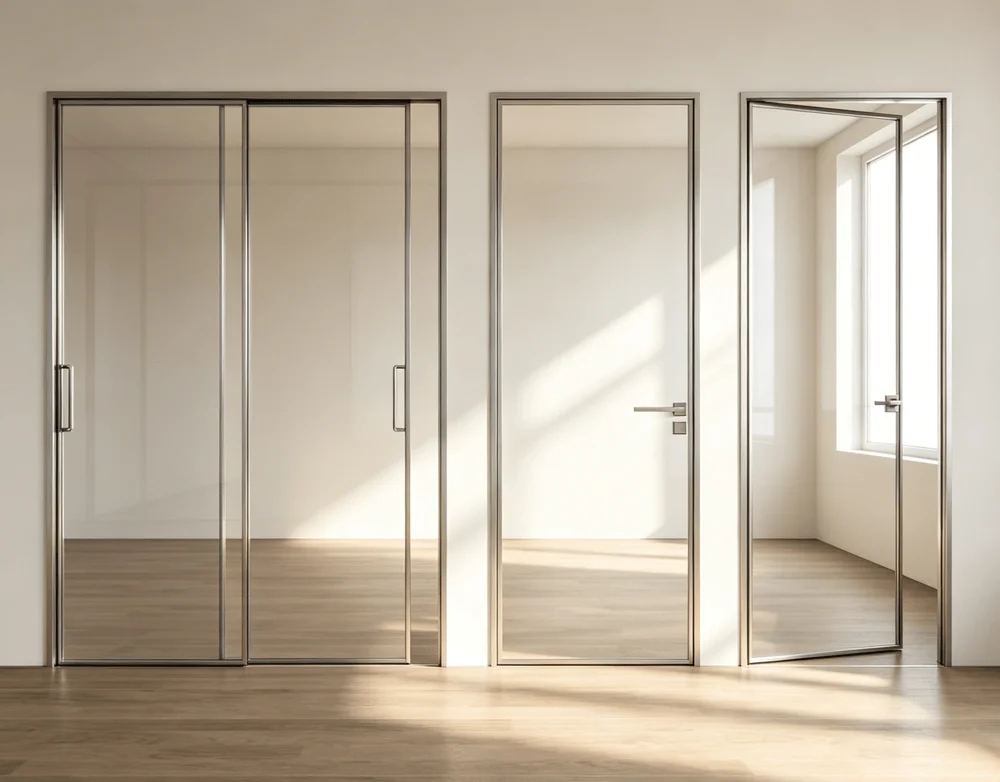 Realistic 3D render of a modern glass door SketchUp model with metal frames and glass reflections, used for architectural visualization and interior design projects