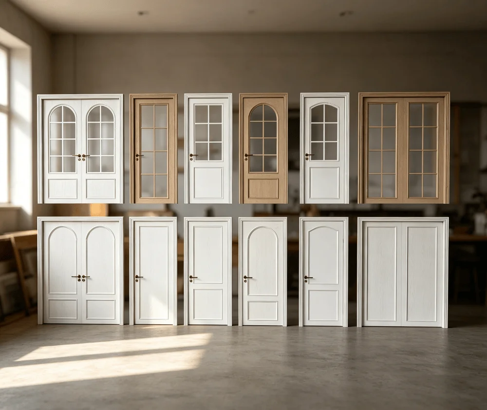 Vintage arched wooden door collection for SketchUp showcasing 12 distinct designs including glass-paned and solid panel doors for residential architecture and interior visualization