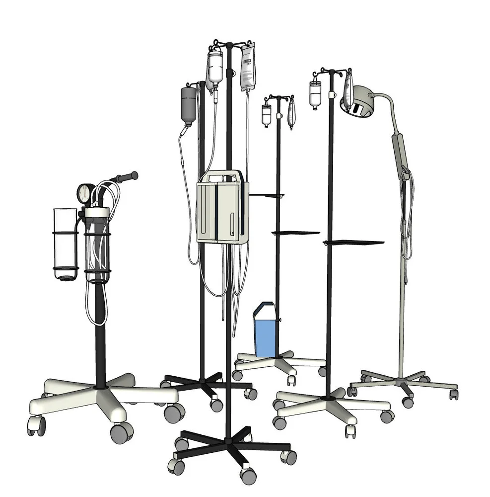 Medical equipment SketchUp model with IV poles, hospital stands, and mobile trolleys for healthcare facility 3D rendering