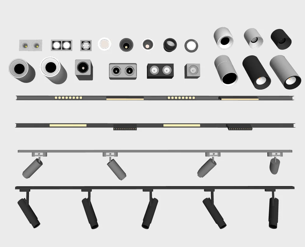 Magnetic track lighting system SketchUp model featuring downlights and adjustable spotlights for architectural visualization and interior design