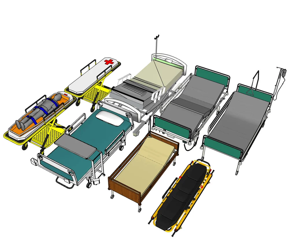 3D rendering of medical bed and stretcher SketchUp model for hospital design and architectural visualization, featuring ICU beds and emergency stretchers.