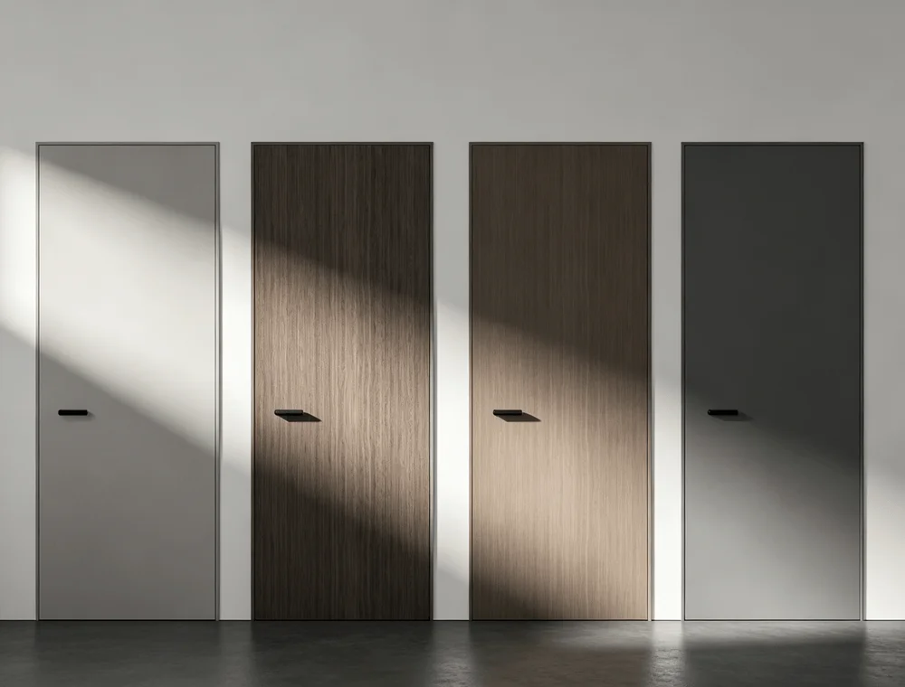 Four minimalist single door models in white, dark wood, light wood, and dark gray finishes with black handles, perfect for architectural visualization and modern interior design projects