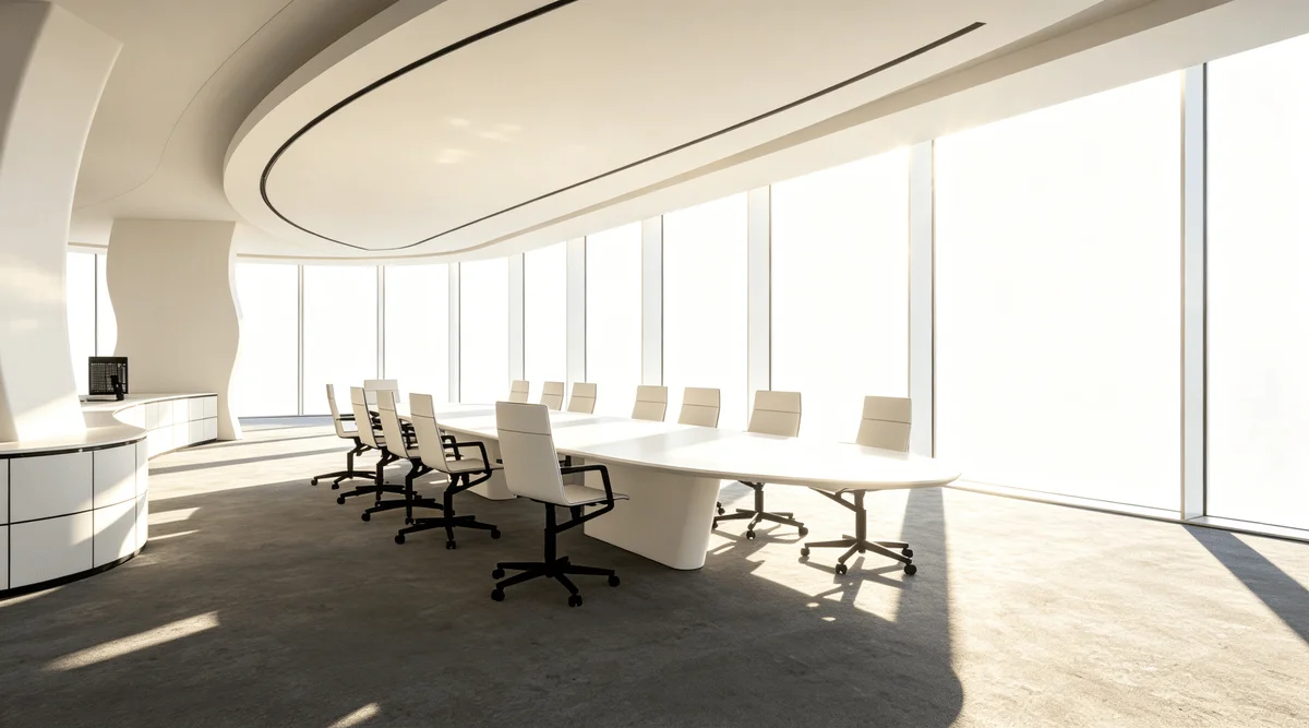 Modern minimalist conference room interior with white oval table, ergonomic chairs, floor-to-ceiling windows, and bright natural lighting, ideal for SketchUp office rendering projects
