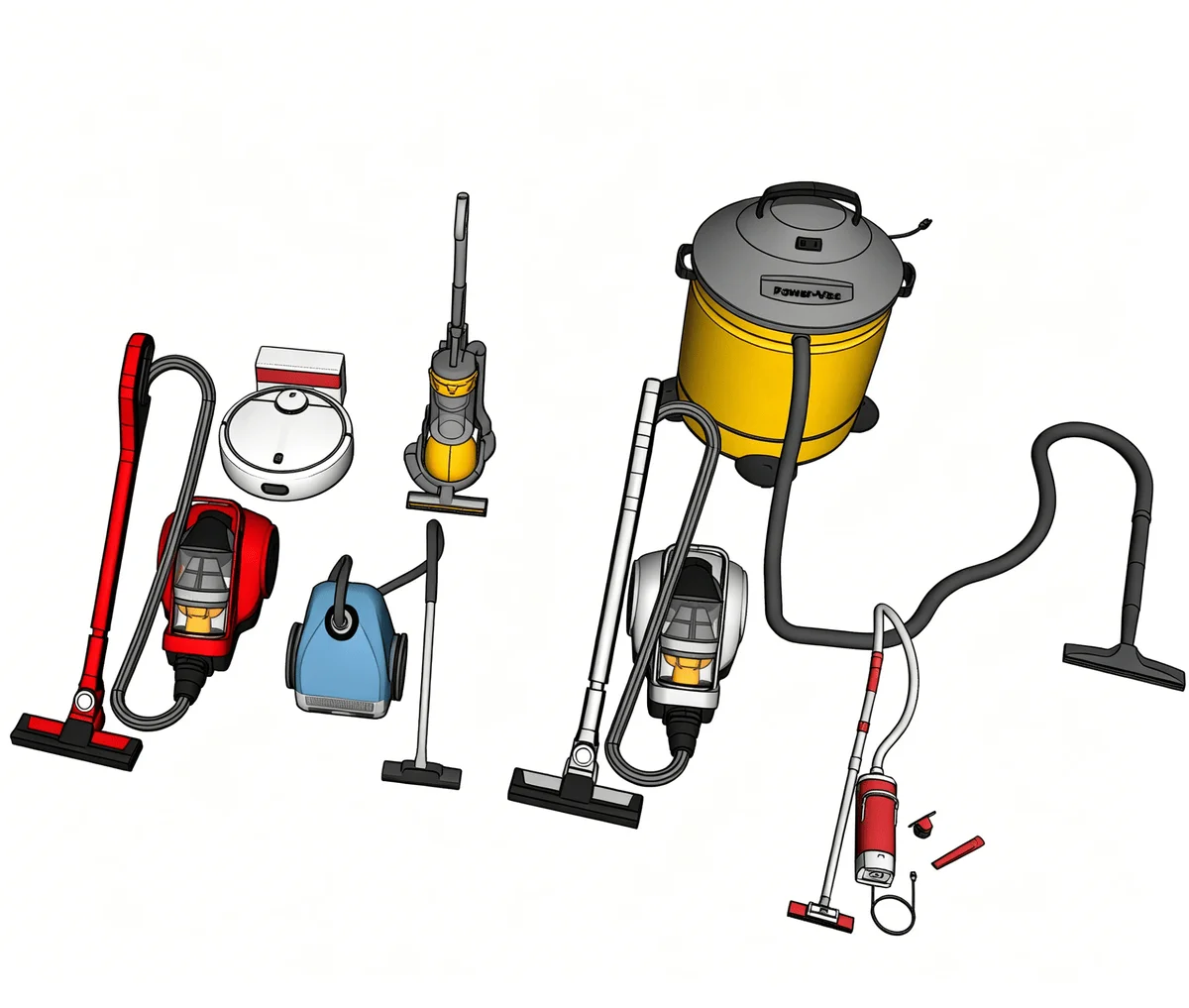 Variety of vacuum cleaner SketchUp models including red canister, robot, blue canister, yellow upright, wet/dry shop vac, and handheld cleaner for interior design visualization