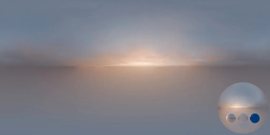 A morning sunrise sky hdri showing a panoramic sky and low horizon with warm sunrise light for environment lighting and 3D rendering.