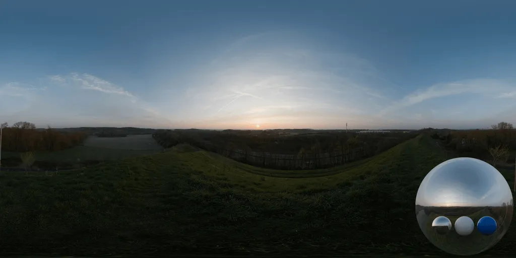 A morning wispy landscape hdri showing an open landscape and broad sky with thin wispy clouds for environment lighting and 3D rendering.