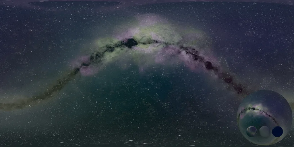 A night aurora milkyway hdri showing a panoramic sky and low horizon with a bright star field for environment lighting and 3D rendering.