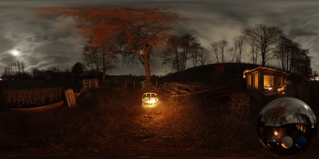 A night campfire forest hdri showing trees and natural woodland ground with low night illumination for environment lighting and 3D rendering.
