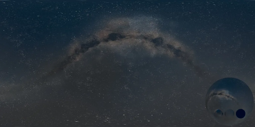 A night cloudy milkyway hdri showing a panoramic sky and low horizon with a bright star field for environment lighting and 3D rendering.