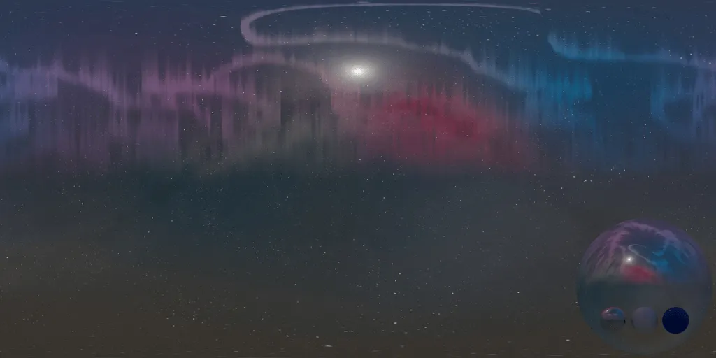 A night colorful aurora hdri showing a panoramic sky and low horizon with colorful aurora light for environment lighting and 3D rendering.