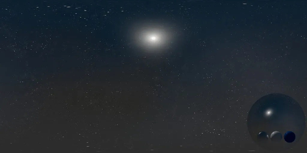A night moonlit stars hdri showing a panoramic sky and low horizon with cool moonlit light for environment lighting and 3D rendering.