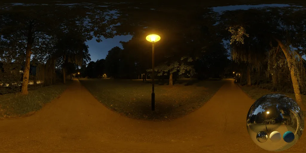 A night park path hdri showing a route and its surrounding environment with low night illumination for environment lighting and 3D rendering.
