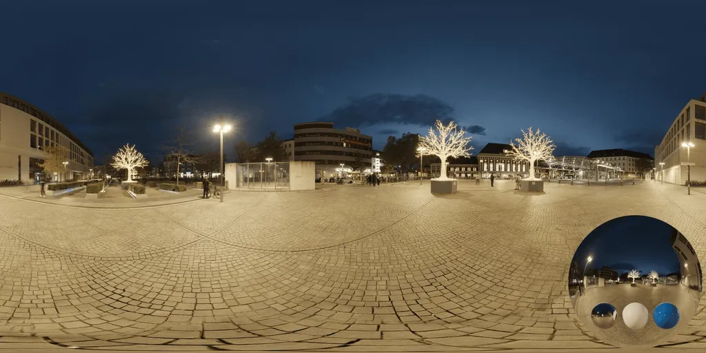 A night plaza bright hdri showing an urban public environment with low night illumination for environment lighting and 3D rendering.