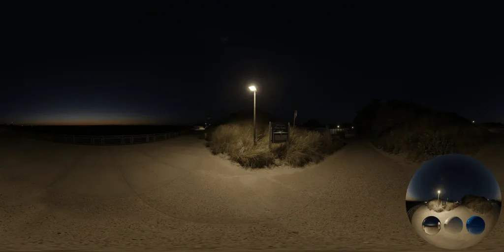 A night road lamp hdri showing a route and its surrounding environment with low night illumination for environment lighting and 3D rendering.