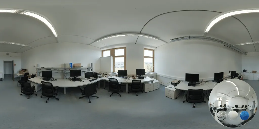 A office bright computers hdri showing a bright office interior with bright balanced light for environment lighting and 3D rendering.