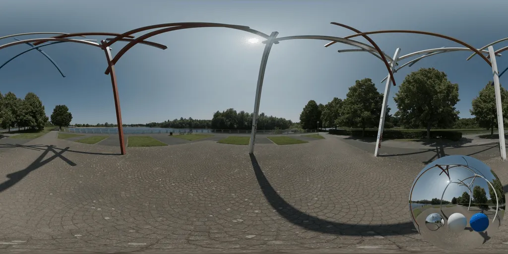 A park metal pergola hdri showing a green park environment with balanced natural light for environment lighting and 3D rendering.