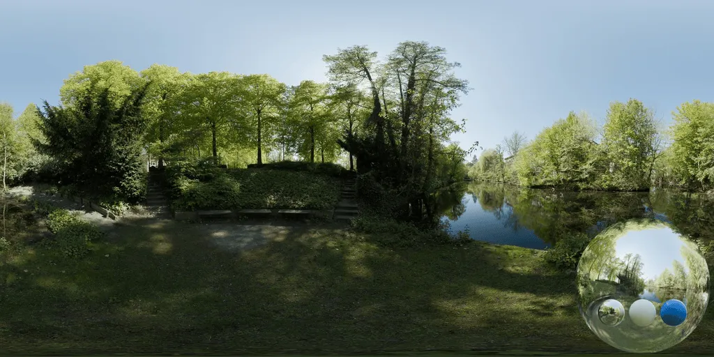 A park pond trees hdri showing a water edge and surrounding landscape with balanced natural light for environment lighting and 3D rendering.