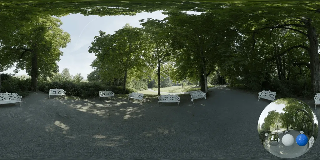 park shaded benches hdri showing a green park environment with soft shaded light for realistic lighting, reflections, and 3D rendering.