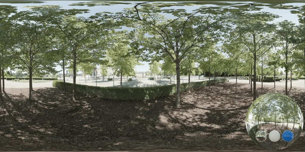 park shaded trees hdri showing a green park environment with soft shaded light for realistic lighting, reflections, and 3D rendering.