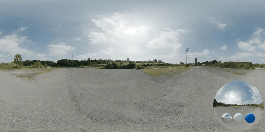 A parking open asphalt hdri showing a green park environment with balanced natural light for environment lighting and 3D rendering.