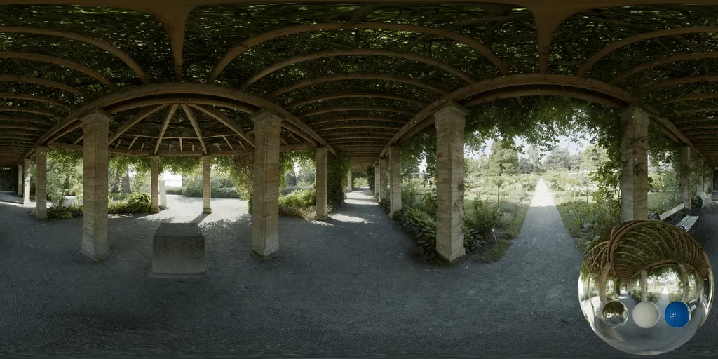 A pavilion wooden shaded hdri showing an open pavilion structure with soft shaded light for environment lighting and 3D rendering.