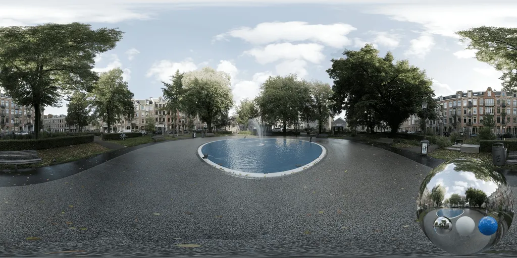 A plaza fountain urban hdri showing an urban public environment with balanced natural light for environment lighting and 3D rendering.